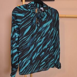 Teal and Black Print Keyhole Long-Sleeve Blouse